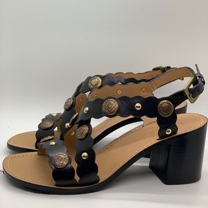 SANDRO: Vesper Black and Gold Block Heel Sandals